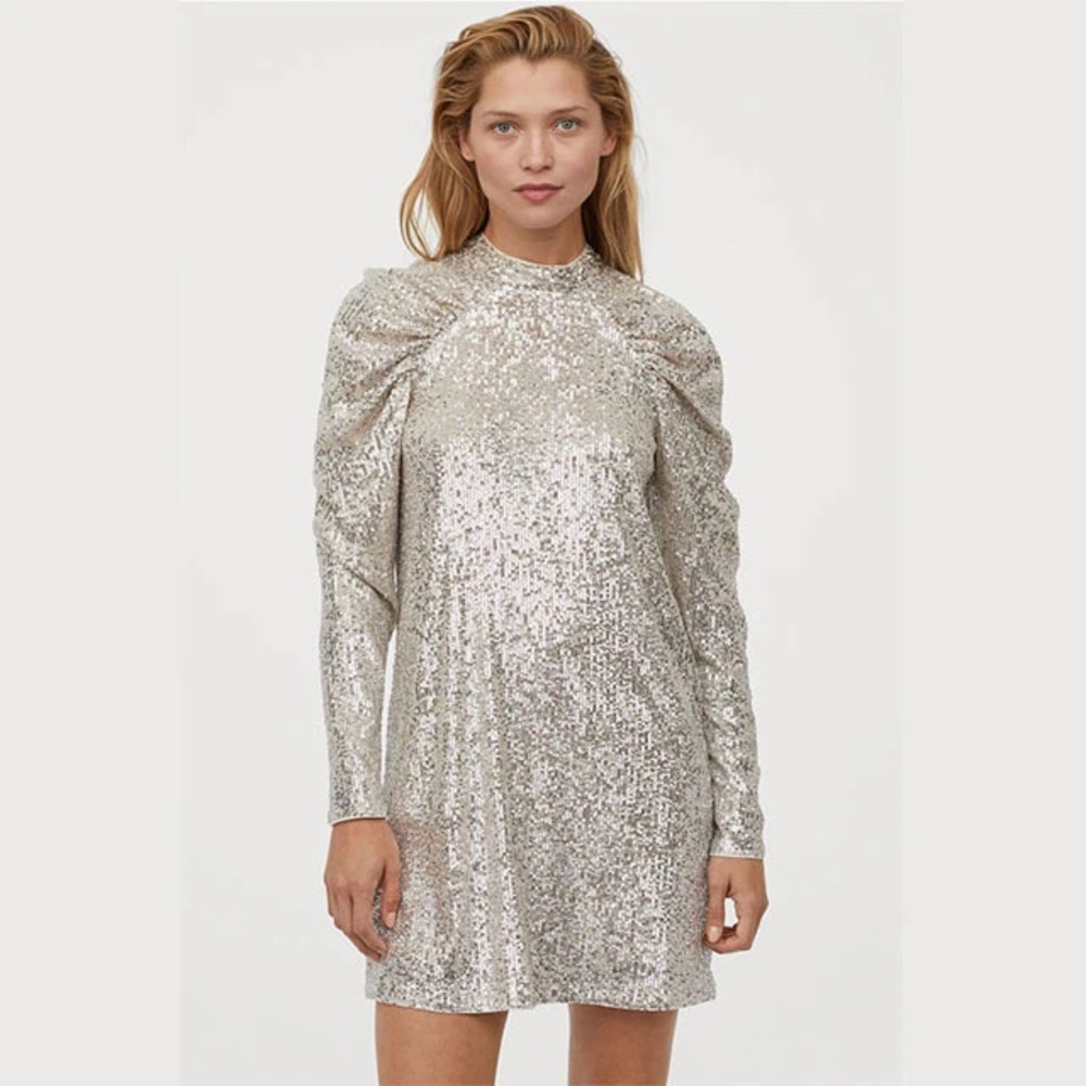 H&M Shimmering Silver Long Sleeve Dress -Size M